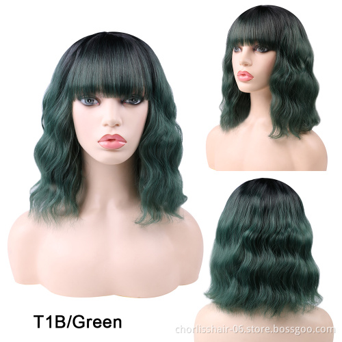 Wholesale Machine Made Water Wave Pink Wig With Bangs Cheap Cosplay Pixie Curls Short Bob Synthetic Hair Wigs With Highlights